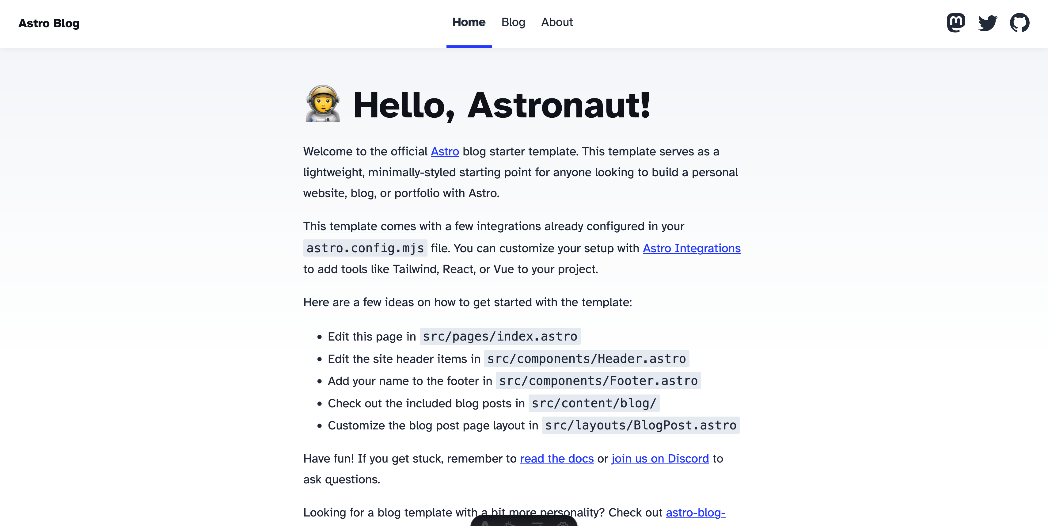 Astro Startseite nach der Installation