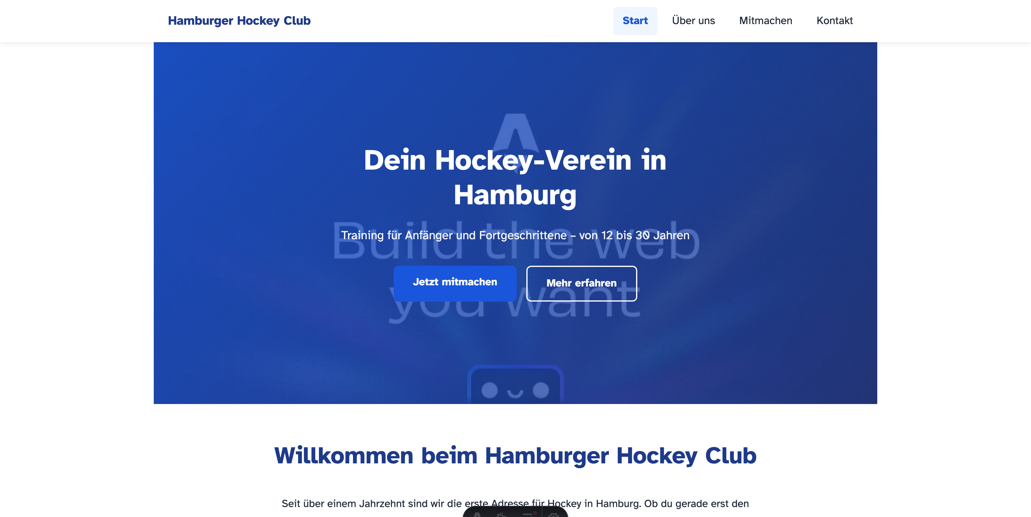 Erster Entwurf der Hockey-Vereinswebsite nach dem Beispiel-Prompt